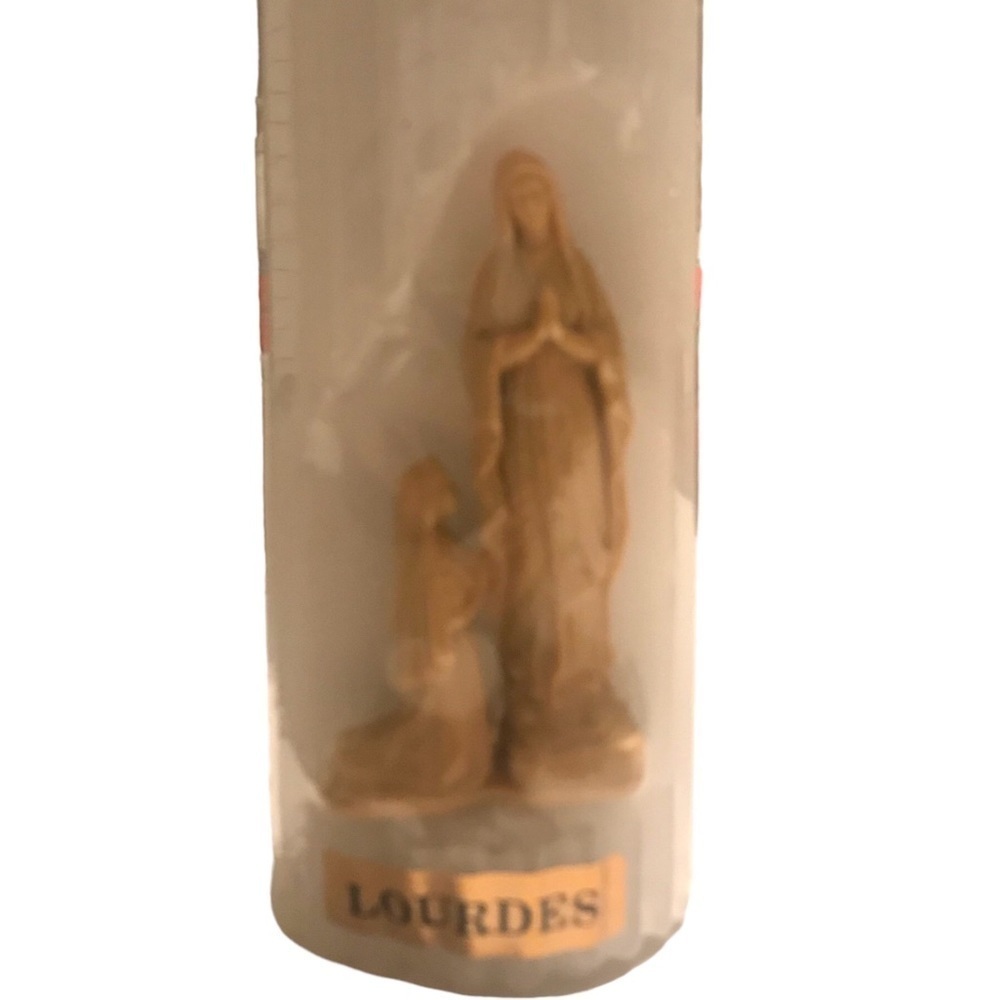 Lourdes Mother Mary Pillar Candle Vintage White Tan Plastic Statue Insert Holy